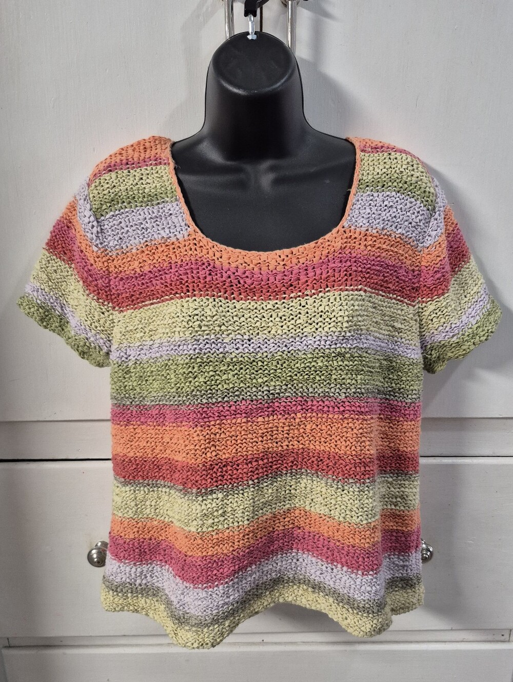 Sigrid Olsen Sport Womens Multicolor Striped Knit Short Sleeved Top Textured XL